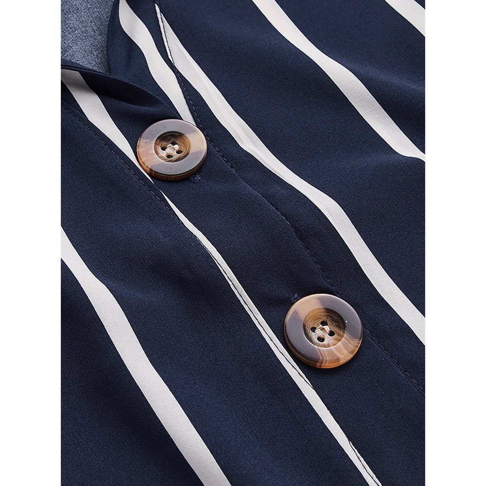 Navy Blue Striped Knot Sleeve Belted Shirt Dress - Picture 5 of 11